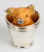 Italian novelty silver and enamel model of a pig hiding in a bucket, with 925 grade marks to base,