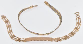 Two 9ct gold bracelets, one plaited tri-coloured and the other an identity gate bracelet, 6.1g, 17.5