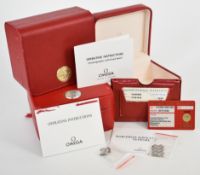 Three Omega wristwatch boxes including one for a Speedmaster Automatic Day-Date ref. 3520.50.00 with