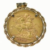 1894 gold full sovereign with Melbourne mint mark, in 9ct gold pendant mount, 9.8g