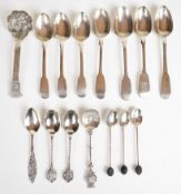 Georgian and later hallmarked silver and world silver spoons including a maple leaf example marked