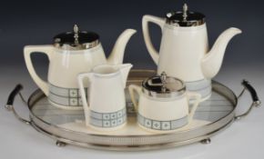 WMF secessionist / Art Deco tea set and tray with plated mounts designed by Christian Neureuther