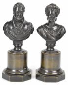Bronze bust of the Duke of Wellington on cylindrical and octagonal base, height 15.5cm, together