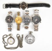 Seven various wrist and pocket watches comprising Seiko 7009-3110 and V158-0AB0, Casio BEM- 116,