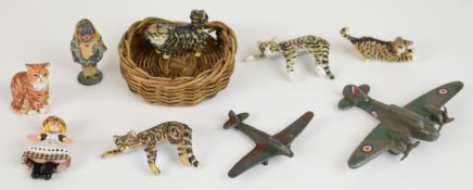 Cast metal cat figures, vintage metal WW2 aeroplane toys etc