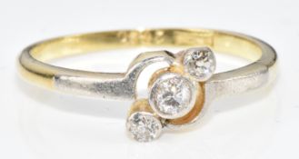 Art Deco 18ct gold ring set with three diamonds in a platinum setting, 2g, size L