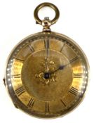 Unnamed 18ct gold open faced pocket watch with blued hands, black Roman numerals, engraved gold dial