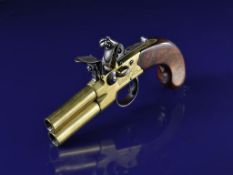 Whitehouse brass flintlock double barrelled over and under tap-action coat pistol with named and