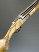 Zabala LP71 12 bore side by side shotgun with engraved lock, trigger guard and fences, chequered