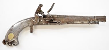 Unnamed Scottish Doune style flintlock belt pistol with metal body, scrolling butt, steel ram-rod,