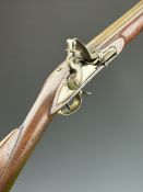 Brown Bess flintlock musket with brass trigger guard and butt plate, railed stock, steel ram-rod,