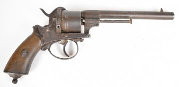 Belgian six-shot double-action pinfire revolver with shaped wooden grips and 6 inch barrel,