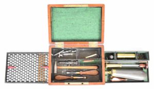Rifle cartridge loaders set with G&JW Hawksley powder flask, various tools, bone ruler, percussion
