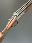 Ugartechea 12 bore side by side shotgun with border engraved lock, underside, trigger guard, top