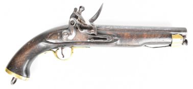 East India Company flintlock pistol with lion logo to the lock, brass trigger guard, butt cap and