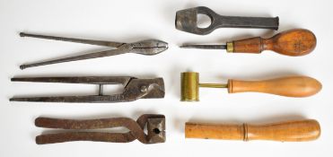 Seven gun related tools including bullet moulds, one pair stamped 'ESES CO', James Dixon & Sons 1105