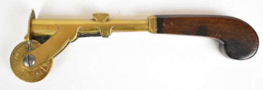 English eprouvette or gun powder tester with brass body and wooden handle, 20cm long.