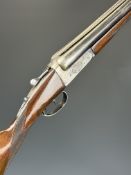 Zabala LP71 12 bore side by side shotgun with engraved lock, trigger guard, thumb lever and