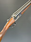 AYA Yeoman 12 bore side by side shotgun with chequered grip and forend, double trigger and named