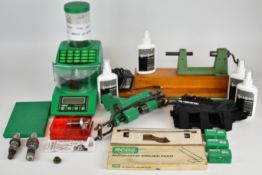 A collection or shotgun or rifle cartridge re-loading equipment including RCBS scale, press, .