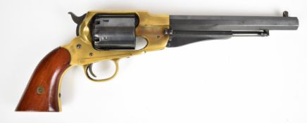 Unnamed blank firing six-shot single-action revolver with brass frame, wooden grips and 8 inch