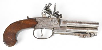 Horday & Ryder flintlock triple barrelled tap-action pistol with sprung bayonet, named and
