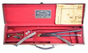 William Evans leather and brass bound shotgun carry case with fitted interior, snapcaps, cleaning