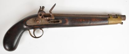 Unnamed flintlock pistol with brass barrel band and 11 inch smooth bored octagonal barrel, overall