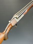Zabala 12 bore side by side shotgun with engraved lock, trigger guard, top plate, thumb lever and