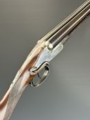 Hardy Bros of Alnwick 16 bore side by side shotgun with named locks, side lever, chequered grip