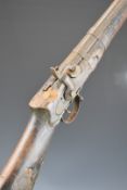 Enfield pattern percussion hammer action gun with indistinct markings to the lock, storage