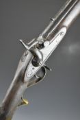 Enfield pattern percussion hammer action gun with crown stamped to the lock, scrolling brass trigger