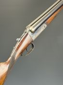 Spanish 20 bore side by side shotgun with engraved lock, underside, trigger guard, top plate,