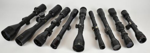 Nine various rifle scopes including Edgar Brothers 20x42, Hawke Airmax 3-9x50, Tasco 3-9x56 E, Oigee