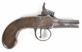 Unnamed percussion hammer action pocket pistol with engraved lock and trigger guard, shaped wooden