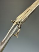 Thomas Hawkes 12 bore side by side hammer action shotgun with named locks, chequered grip and horn
