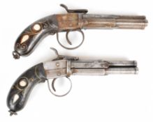A pair of Turkish triple barrelled percussion hammer action pistols / revolvers, each with brass