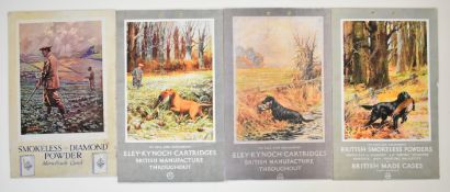 Four shotgun cartridge or powder shop display or advertising cards including Eley-Kynoch and