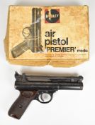 Webley Premier .22 air pistol with named and chequered Bakelite grips and adjustable sights,