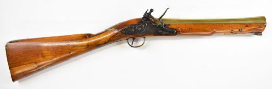 Williams & Powell flintlock blunderbuss with named and engraved lock, brass butt plate, trigger