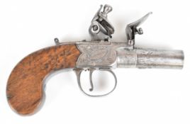 Redfern of London flintlock pocket pistol with named and engraved lock, engraved trigger guard,