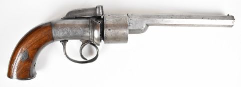 English six-shot percussion bar hammer action transitional revolver with engraved frame, trigger