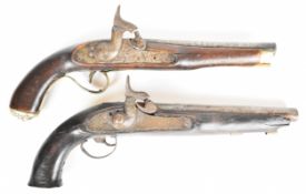 Two Enfield pattern percussion hammer action pistols, one with white metal trigger guard, lion