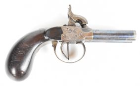 Belgian double barrelled side by side percussion hammer action pocket pistol with engraved lock,