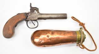 Unnamed percussion hammer action pocket pistol with shaped wooden grip and 3 inch smooth bored