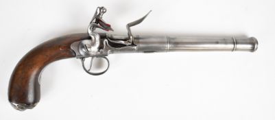 Henry Delany Queen Anne style flintlock pistol with silver mask butt plate, shaped wooden grip,