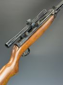 Webley Mark 3 .22 under-lever air rifle with plaque inset to the stock, semi-pistol grip, adjustable