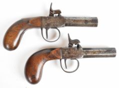 Unnamed pair of 45 bore percussion hammer action pocket pistols each with shaped wooden grip and 2.5