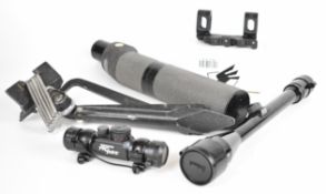 Four gun or spotting scopes and accessories comprising Bushnell 10x40 Banner, Tasco Propoint,