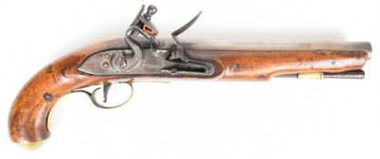Wheeler flintlock pistol with named lock, line engraved hammer, brass trigger guard, butt cap and